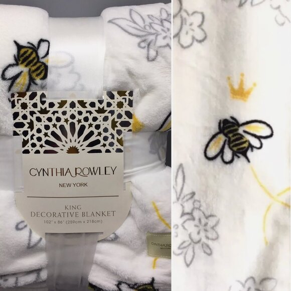 Cynthia Rowley Bee Crown KING Blanket Floral Gray Yellow Black Micro Fleece NEW - Picture 1 of 9